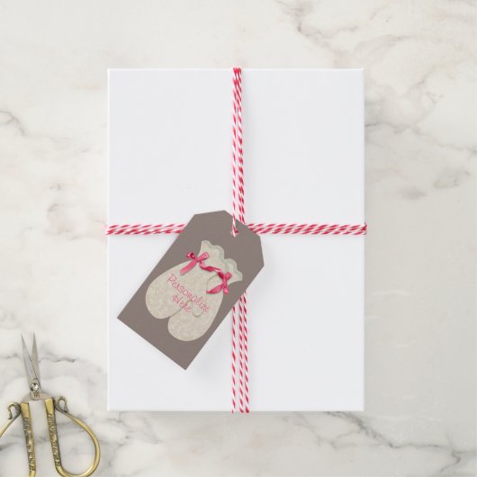 Mitten kant elegante winter lint roze crème schatt cadeaulabel (Met Touw)