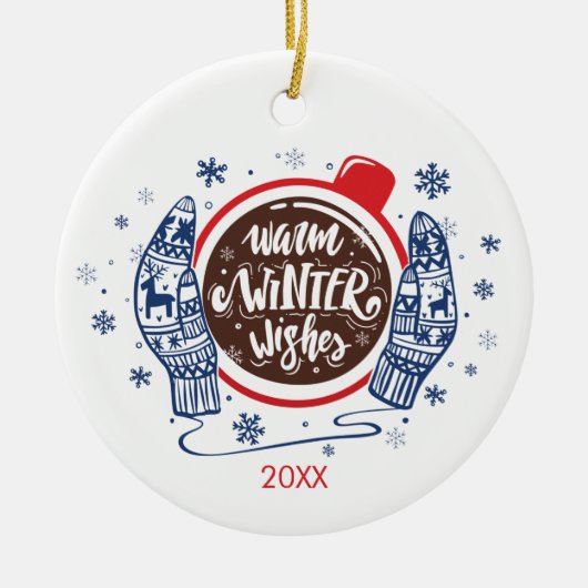 Mittens And Cocoa Warm Winter Wishes Holiday Keramisch Ornament (Voorkant)