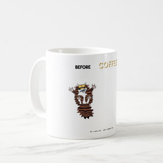 Mitts, voor en na, koffie! Mok (Voorkant links)