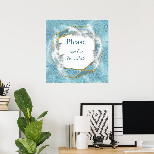 Mix Blue Pattern, Feathers & White Lace Poster (Thuiskantoor)