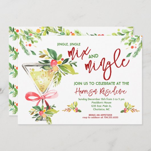 Mix en Mingle Kerstfeest, Cocktail Kerstmis Kaart (Voorkant / Achterkant)