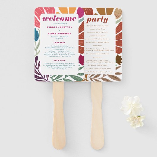 Mix & Match Retro Abstract Bloemen Trouwprogramma Handwaaier (Voorkant en achterkant)