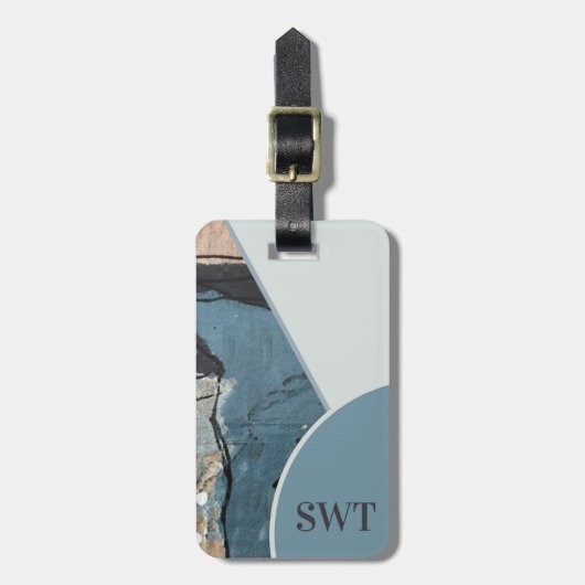 Mixed Media Abstract Grijs Blauw Monogram QR Code Bagagelabel (Voorkant verticaal)