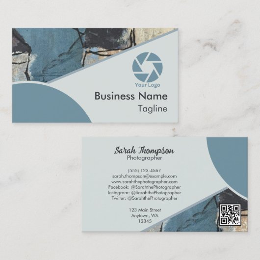 Mixed Media Abstract Grijs Blauwe QR Code Logo Visitekaartje (Voorkant / Achterkant)