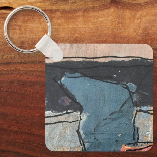 Mixed Media Abstract Grijs Grijs Blauw QR Code Sleutelhanger (Voorkant)