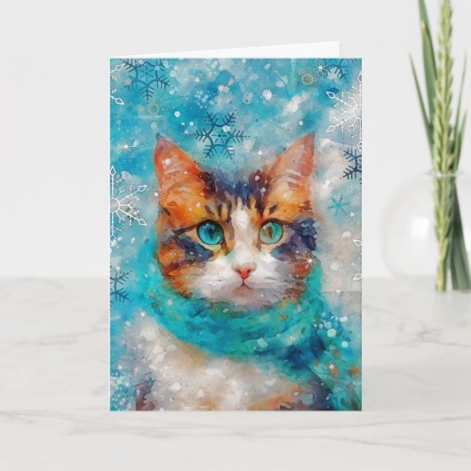 Mixed Media Cat Print Kerst Kaart AP412A1 (Voorkant)