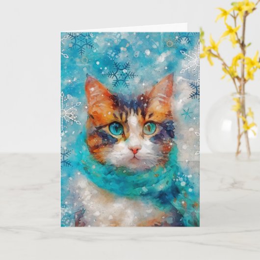 Mixed Media Cat Print Kerst Kaart AP412A1 (Gele Bloem)