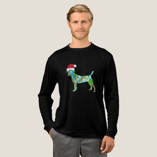 Mixed media collage kunst HOND PUPPY in kerstmuts Tri-Blend Shirt (Voorkant)