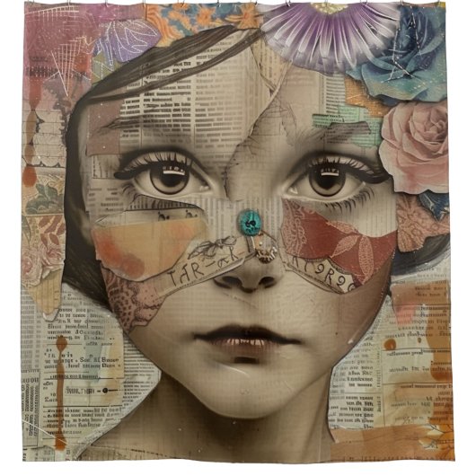 Mixed Media Collage Portret Kunst (10) Douchegordijn (Voorkant)