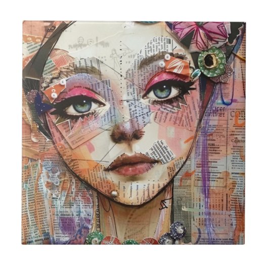 Mixed Media Collage Portret Kunst (11) Tegeltje (Voorkant)