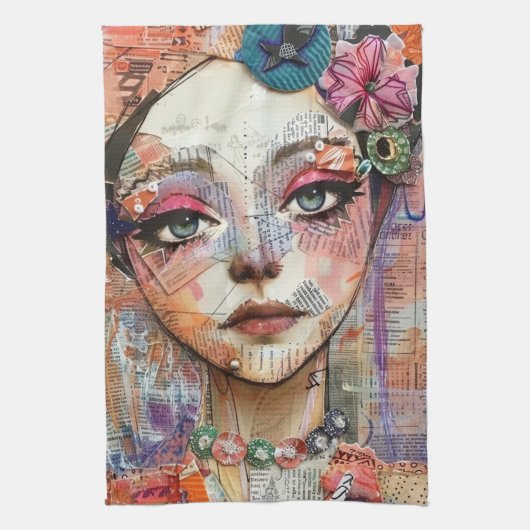 Mixed Media Collage Portret Kunst (11) Theedoek (Verticaal)