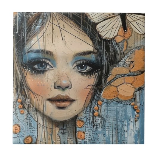 Mixed Media Collage Portret Kunst (12) Tegeltje (Voorkant)