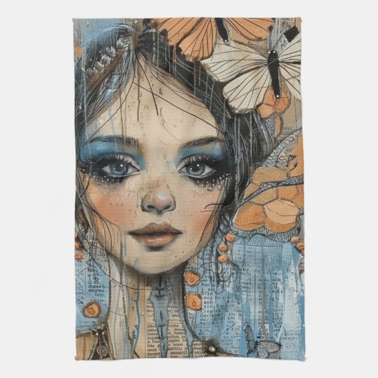 Mixed Media Collage Portret Kunst (12) Theedoek (Verticaal)