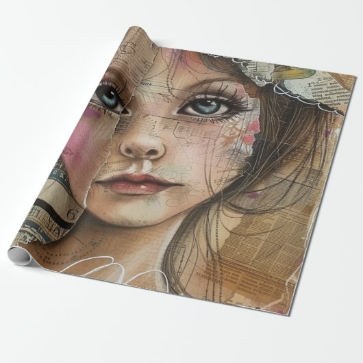 Mixed Media Collage Portret Kunst (1) Cadeaupapier (Uitgerold)