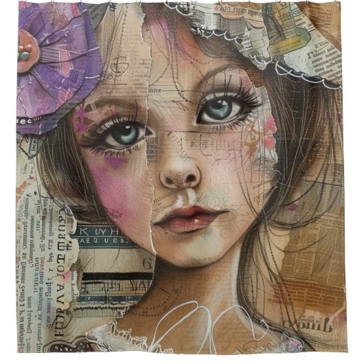 Mixed Media Collage Portret Kunst (1) Douchegordijn (Voorkant)