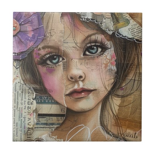Mixed Media Collage Portret Kunst (1) Tegeltje (Voorkant)