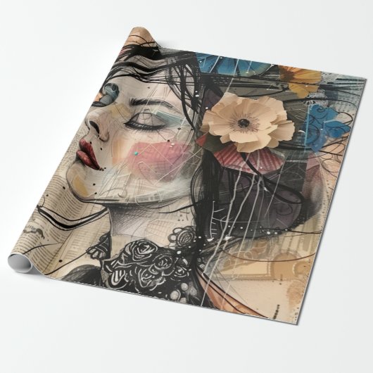 Mixed Media Collage Portret Kunst (2) Cadeaupapier (Uitgerold)