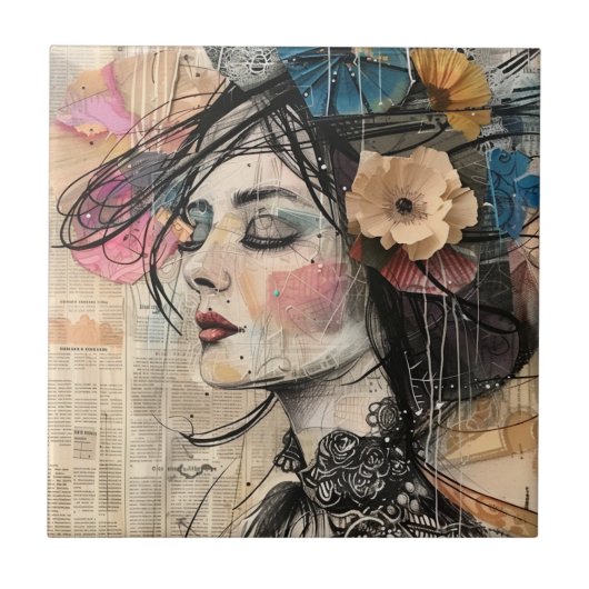 Mixed Media Collage Portret Kunst (2) Tegeltje (Voorkant)