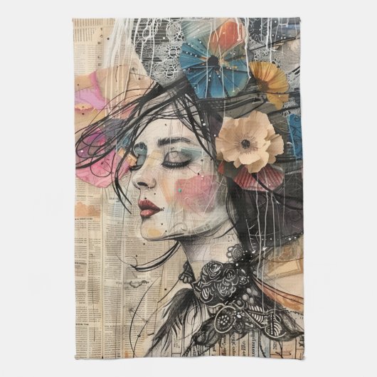 Mixed Media Collage Portret Kunst (2) Theedoek (Verticaal)