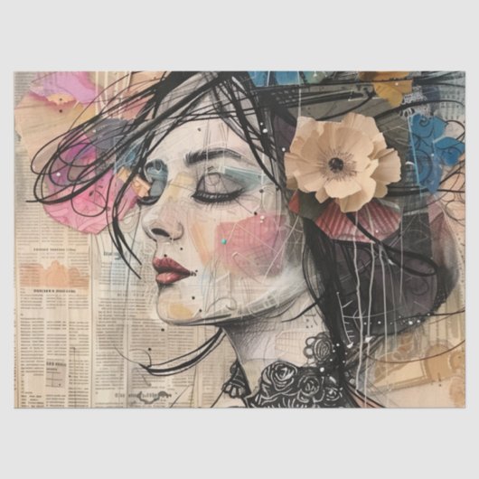 Mixed Media Collage Portret Kunst (2) Tissuepapier (Voorkant)