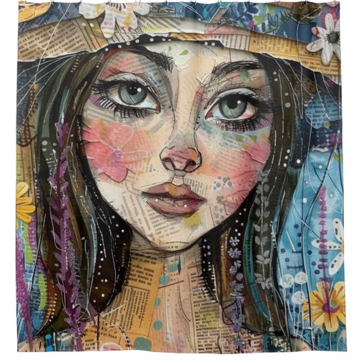 Mixed Media Collage Portret Kunst (3) Douchegordijn (Voorkant)