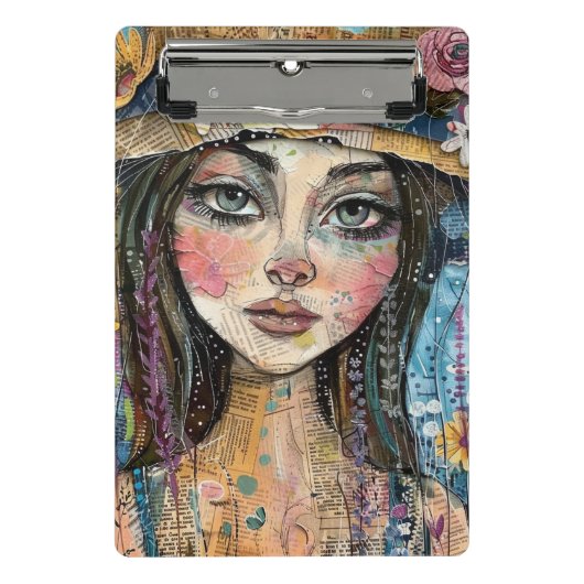Mixed Media Collage Portret Kunst (3) Mini Klembord (Voorkant)