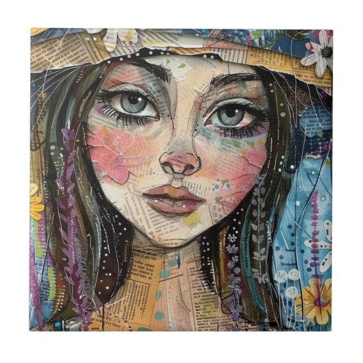 Mixed Media Collage Portret Kunst (3) Tegeltje (Voorkant)