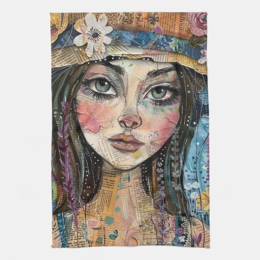 Mixed Media Collage Portret Kunst (3) Theedoek (Verticaal)
