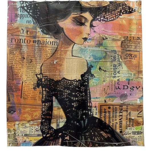 Mixed Media Collage Portret Kunst (4) Douchegordijn (Voorkant)