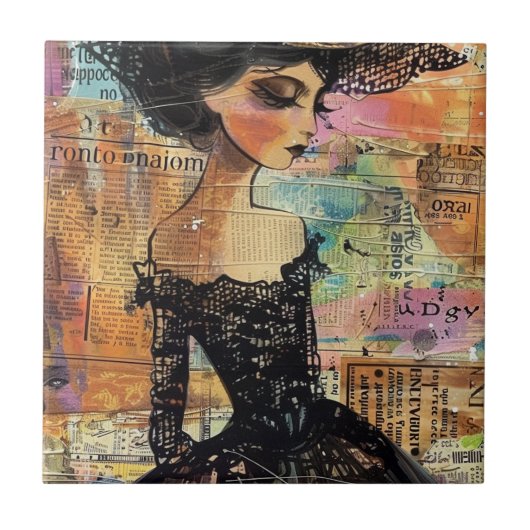 Mixed Media Collage Portret Kunst (4) Tegeltje (Voorkant)