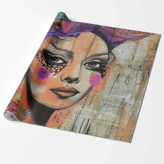 Mixed Media Collage Portret Kunst (5) Cadeaupapier (Uitgerold)