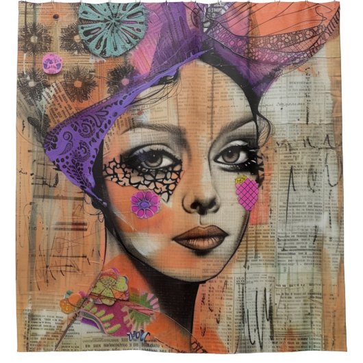 Mixed Media Collage Portret Kunst (5) Douchegordijn (Voorkant)