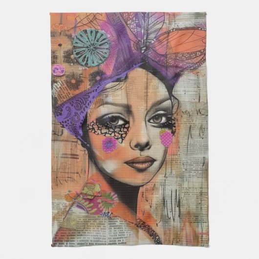 Mixed Media Collage Portret Kunst (5) Theedoek (Verticaal)