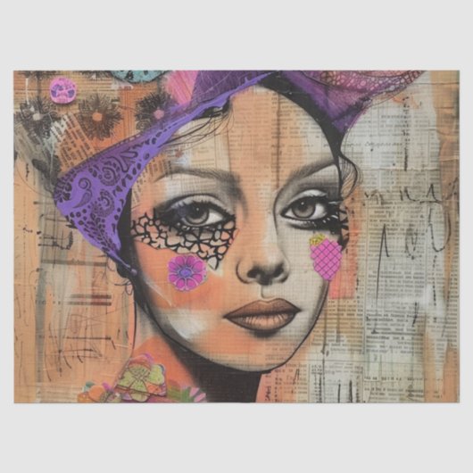 Mixed Media Collage Portret Kunst (5) Tissuepapier (Voorkant)