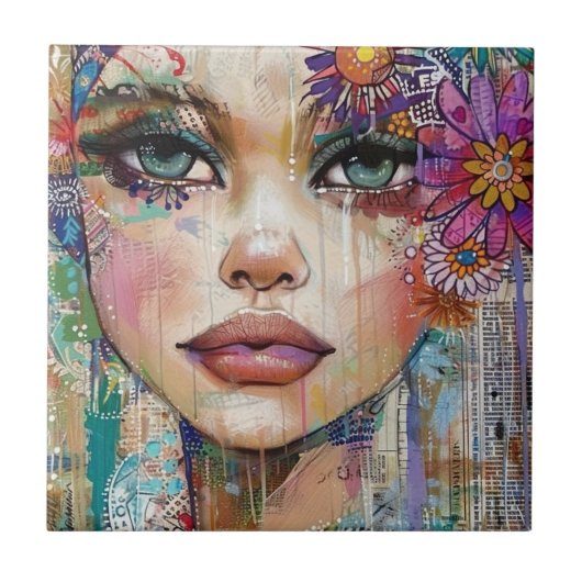 Mixed Media Collage Portret Kunst (6) Tegeltje (Voorkant)