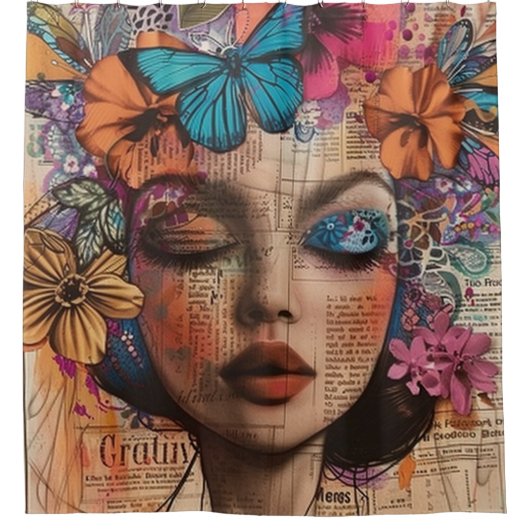 Mixed Media Collage Portret Kunst (7) Douchegordijn (Voorkant)