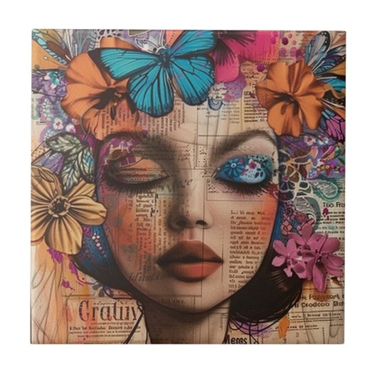 Mixed Media Collage Portret Kunst (7) Tegeltje (Voorkant)