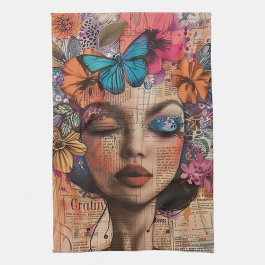 Mixed Media Collage Portret Kunst (7) Theedoek (Verticaal)