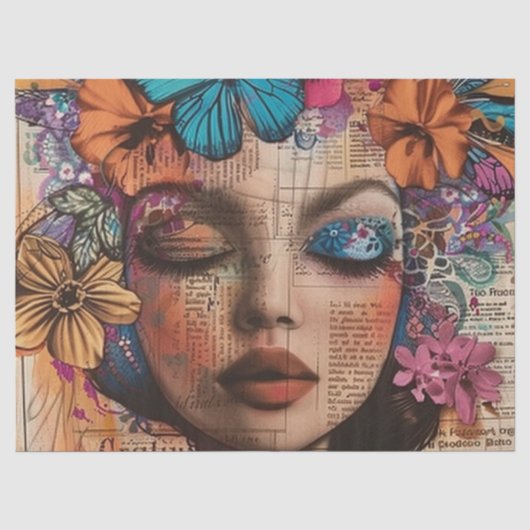 Mixed Media Collage Portret Kunst (7) Tissuepapier (Voorkant)