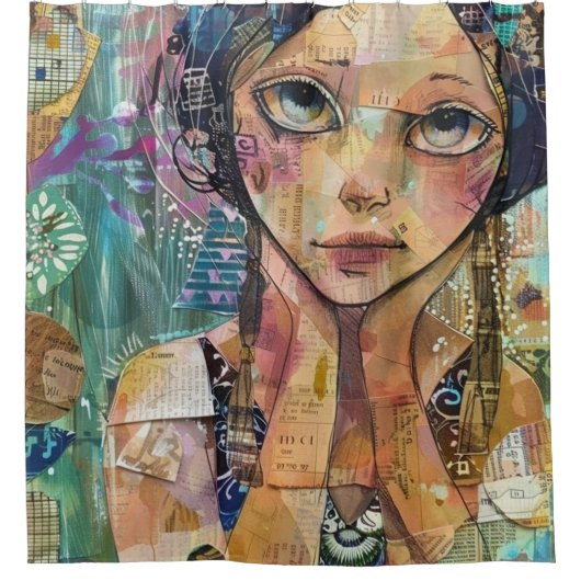 Mixed Media Collage Portret Kunst (8) Douchegordijn (Voorkant)