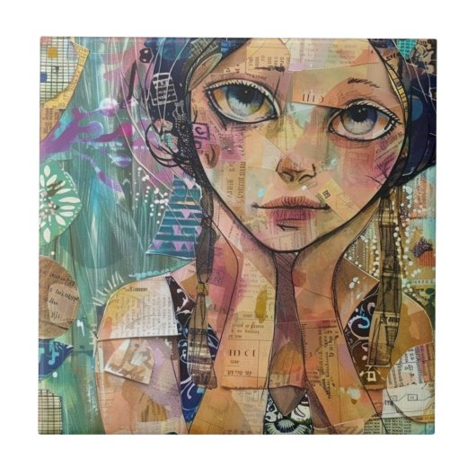 Mixed Media Collage Portret Kunst (8) Tegeltje (Voorkant)