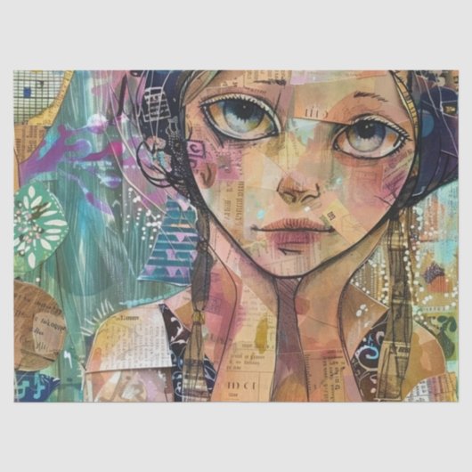 Mixed Media Collage Portret Kunst (8) Tissuepapier (Voorkant)