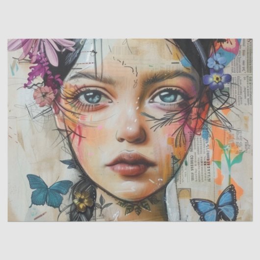 Mixed Media Collage Portret Kunst (9) Tissuepapier (Voorkant)