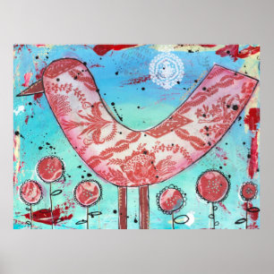  Mixed Media Fabric Red Bird Print