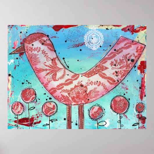  Mixed Media Fabric Red Bird Print (Voorkant)
