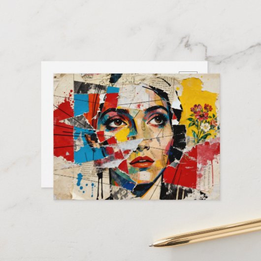 Mixed media Face and flowers Collage Briefkaart (Voorkant / Achterkant in situ)