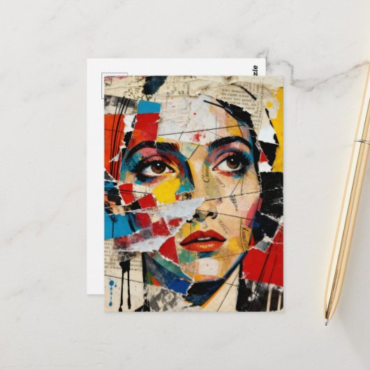 Mixed media gezichtscollage briefkaart (Voorkant / Achterkant in situ)