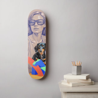 Mixed Media Illustratie van een Vrouw en Dachshond Persoonlijk Skateboard