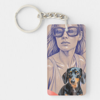 Mixed Media Illustratie van een Vrouw en Dachshond Sleutelhanger