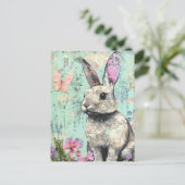 Mixed Media Konijn Roze Vlinder en Bloemen Briefkaart (Staand voorkant)